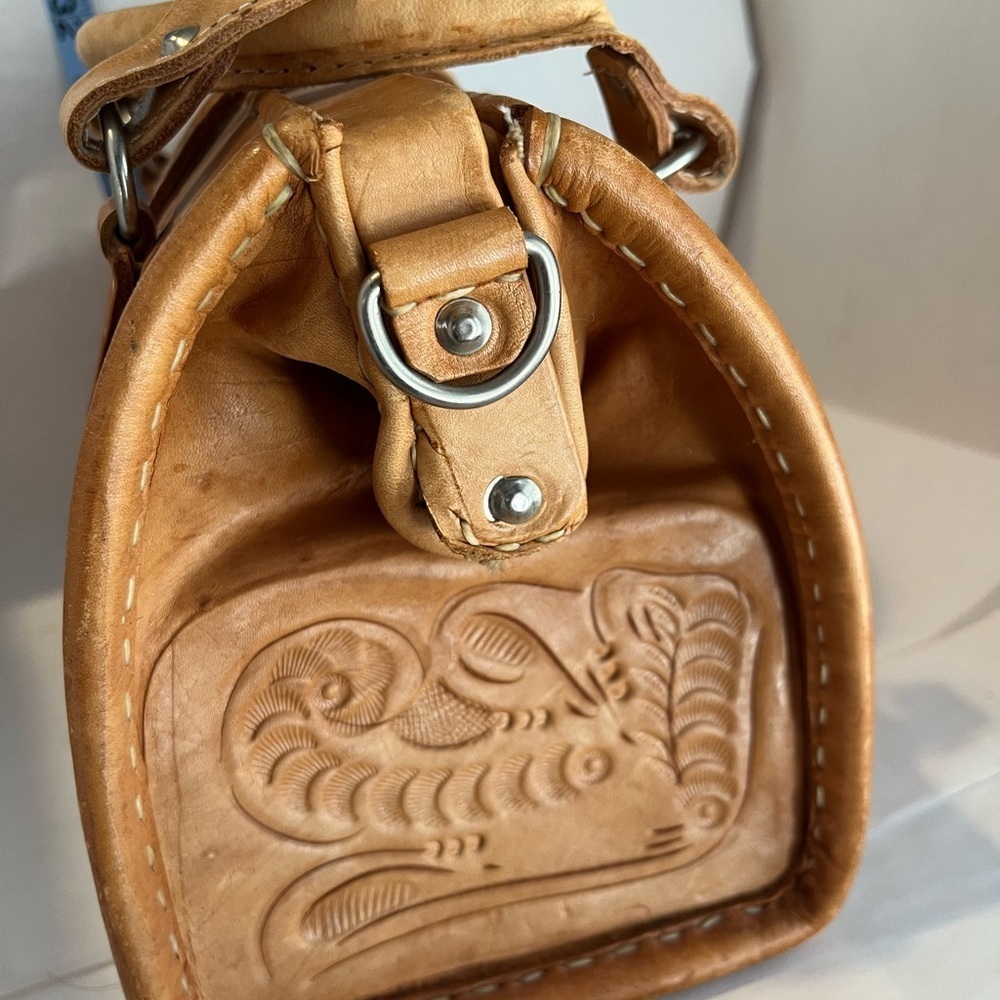 Embossed Tan Leather Satchel - Picture 3 of 8